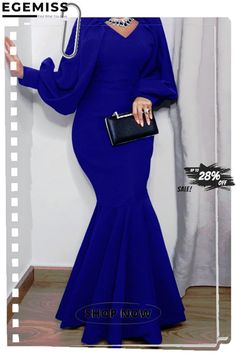 Blue Fashion Sexy Solid Patchwork V Neck Evening Dress Color Pick, Waist Dress, Women's Fashion Dresses, Blue Fashion, Occasion Dresses, Evening Dress, Dress Length, Evening Dresses