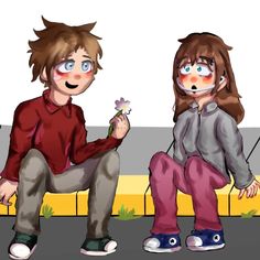 two people sitting next to each other on a bench and one is holding a flower