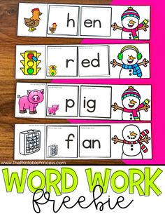 word work for beginning and ending sounds with the words in pink, green and yellow