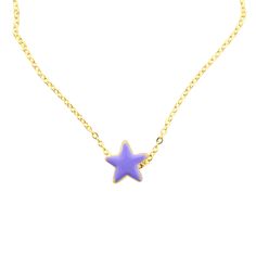 Tiny Enamel Star floating on chain. Necklace measures 15.5" plus 1.25" Extension chain. Brass with gold plated chain & clasp. Enamel is a quartz ground sand with colored pigment added to it. These are not gemstones. Plated metal jewelry is Fashion Jewelry. It won't last forever, but with reasonable care it can a long time. Interactions with salt water, chlorine, high humidity, sweat & other chemicals like perfume, lotions, hair sprays, will dull the metal & most likely discolor. Over time the pl Happy Vibes, Gold Plated Chains, Star Necklace, Metal Jewelry, Lilac, Gold Plate, Fashion Jewelry, Plating, Brass