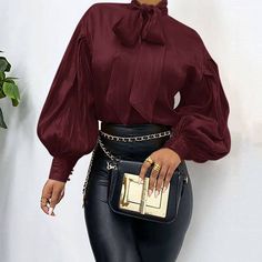 Elegant Bow Collar Long Puff Sleeve Loose Office Blouse Shirt Office Blouse, Office Shirt, Loose Tunic, Office Women, Bow Shirt, Girls Boutique Clothing, Ankara Fashion, Bow Shirts, Elegant Office