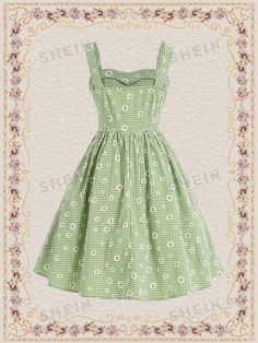 Color : GreenStyle : Casual, BohoDetails : Button, Zipper, ShirredPattern Type : Floral, Gingham, Ditsy FloralType : CamiSleeve Length : SleevelessNeckline : StrapsWaist Line : High WaistHem Shaped : FlaredLength : Knee LengthFit Type : Regular FitFabric : Non-StretchMaterial : Woven FabricComposition : 65% Polyester, 35% ViscoseCare Instructions : Machine wash or professional dry cleanBody : UnlinedSheer : No Size US Bust Hip Size Length Waist Size XS 2 83.00 163.00 99.00 68.00 S 4 87.00 167.00 101.00 72.00 M 6 91.00 171.00 103.00 76.00 L 8/10 97.00 177.00 105.00 82.00 Cute Vintage Mini Dress For Spring, Floral Print A-line Dress For Picnic, Casual A-line Vintage Dress For Garden Party, Spring Vintage Midi Dress For Garden Party, 1950s Style Summer Dress With Vintage Pattern, Retro Vintage Pattern Dress For Garden Party, Green Floral Print Dress For Picnic, Retro Dress With Vintage Pattern For Garden Party, Green Floral Print Dresses For Picnic