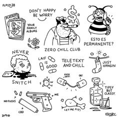 black and white doodles depicting different things that are being used in the cartoon