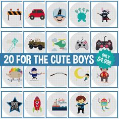 20 cross stitch patterns for the cute boys in various sizes and colors, with text overlay