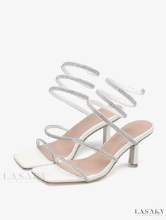 Lasaky - Elegant White High Heeled Square Toe Sandals adorned with Rhinestones - Perfect for Sophisticated Parties Elegant Crystal Heels For Summer, Elegant Crystal Sandals For Spring, Elegant Crystal Sandals For Formal Occasions, Elegant Formal Crystal Sandals, Crystal Heels For Summer Evenings, Crystal Heels For Summer Evening, Summer Crystal Heels With Rhinestones, Elegant Crystal Sandals With Rhinestones, Summer Rhinestone Heels