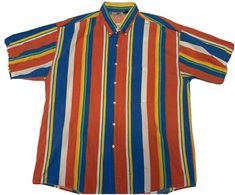 Measurements shown in pictures 2, 3, and 4. Vintage 90s Vertical Striped Button Short Sleeve Shirt Men’s Large Colorful. Condition is Pre-owned. Shipped with USPS First Class Package. 1990s Mens Fashion, Mens Button Up Shirts, 80s Shirts, Stripe Shirt, Mens Short Sleeve Shirt