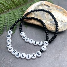 A super cute plain black name bracelet with your choice of wording and size! Personalise it with your name, your child's name, an inspirational word, your team name, a pet name, a nickname, or anything else you can think of eg Best Nanny, Bridesmaid, or an anniversary date or birth date. Why not get one for yourself and one for your bestie?The custom made bracelet has 4mm glass seed beads and flat white acrylic letter beads, which are 7mm diameter. The seed beads are plain black, meaning you can Casual Black Jewelry For Personalized Gifts, Customizable Black Round Beads Friendship Bracelets, Personalized Black Beaded Bracelet As Gift, Personalized Black Beaded Bracelets As Gift, Personalized Black Beaded Bracelets For Gift, Customizable Black Beaded Bracelets, Customizable Black Stretch Bracelet For Gift, Customizable Black Stretch Bracelet For Personalized Gift, Casual Black Name Bracelet For Friendship