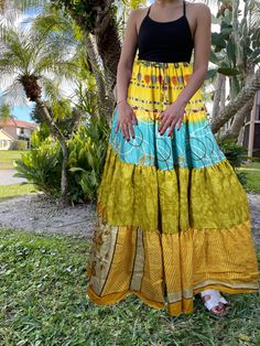 Womens Green Yellow Floral Beach Long Skirt Patchwork Boho Skirts S/M Flowy Patchwork Tiered Maxi Skirt, Green Bohemian Maxi Skirt For Festival, Bohemian Green Maxi Skirt For Festivals, Flowy Tiered Patchwork Maxi Skirt, Beach Patchwork Maxi Skirt, Patchwork Maxi Skirt For Beach, Multicolor Bohemian Maxi Dress, Flowy Patchwork Maxi Skirt, Bohemian Flowy Floor-length Maxi Skirt