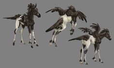 some black and white horses with wings on their back, standing in front of each other