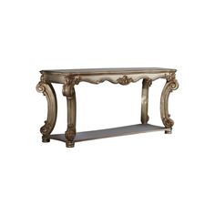 an ornate console table with glass shelves on the top and bottom, against a white background