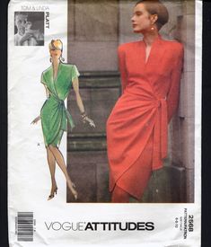 Tom & Linda Platt Wrap Dress, Vogue Sewing Pattern 2568. Vogue Attitudes. Fitted, tapered, wrap dress, below mid-knee (center back) has raised neckline, extended shoulders, shoulder pads, attached tie ends and short, self-lined sleeves or long sleeves with stitched hems. This pattern is factory folded and UNCUT. 1990 Vogue Pattern 2568 sizes: 6 - 8 - 10 - 12 bust: 30.5 to 32.5 waist: 23 to 25 hip: 32.5 to 34.5 Please see my complete inventory at www.etsy.com/shop/CreativityU. Shipping to U.S. addresses is free for orders of $35 or more. Dresses Patterns, Dresses Pattern, 1950s Sewing Patterns, Vintage Vogue Sewing Patterns, Wrap Dress Pattern, Patterns Fashion, Vogue Sewing, Vogue Sewing Patterns, Wrap Dresses