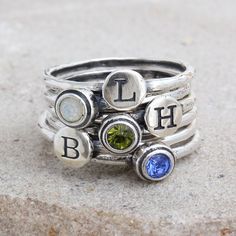 Silver Stacking Ring Set in Sterling Silver. Mothers Ring Set of 6 Stack Rings, Silver Stackable Birthstone & Initial Ring Set for Mom. Silver Stackable Rings For May Birthstone, Silver Initial Ring With Birthstone, Stacked Round Rings As Gift, Sterling Silver Initial Ring With Birthstone, Birthstone Band, Stackable Birthstone Rings, Birthstone Ring Mothers, Sterling Silver Stackable Rings, Mothers Ring