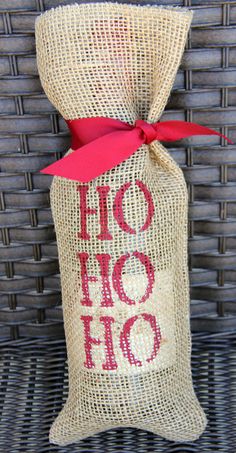 a burlock bag with the word ho hoo on it sitting in front of a wicker basket