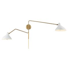 three light wall lamp with two white shades on the arm and one yellow shade on the head