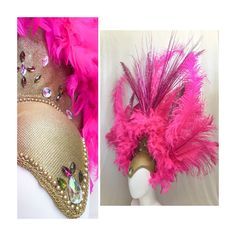 This is a hand crafted showgirl headdress, made to order. This design is made with bright pink fuchsia ostrich plumes and a plastic and foam headers base hand painted this one antique gold glitter and rhinestoned. The headdress is finished with pearl and gold rhinestoned with matching rhinestones. Headdress also has matching boa feather trim and glitter peacock feathers and tinsel glitter feather burst! Available in most feather colors and color combinations Vegas Headpiece, Fitted Feather Headpieces For Costumes, Feathered Fitted Headpiece For Costume, Fitted Costume Hats And Headpieces For Carnival, Showgirl Headpiece, Showgirl Headdress, Pink Carnival, Vegas Showgirl, Fantasy Fest