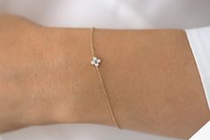 "14k Diamond Clover Bracelet / Diamond Bracelet / Diamond Cluster Bracelet by Ferkos Fine Jewelry / Layering Bracelet / Black Friday Ferkos Fine Jewelry Features ✔Made to Order ✔Gold Kt: 14K ✔Available Gold Color: Rose Gold, Yellow Gold, White Gold ✔ Height & Width: 4.5x4.5MM ✔Round Diamond: 4 pcs 2.0MM ✔Number of Stones: 4 ✔Total CTW: 0.14 ✔ Diamond Color-Clarity: G Color SI Clarity ✔Ready to Ship in 7-10 Business Days If you have any additional questions about this product, just hit the \" Hogwarts Jewelry, Jewelry Layering Bracelets, Delicate Gold Bracelet, Buy Earrings Online, Italian Gold Jewelry, Jewelry Layering, Cluster Bracelet, Dainty Gold Jewelry, Diamond Bracelet Design