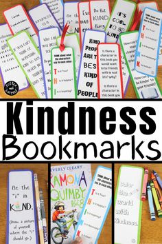 some kind of bookmarks with the words kindness on them and pictures of children's books