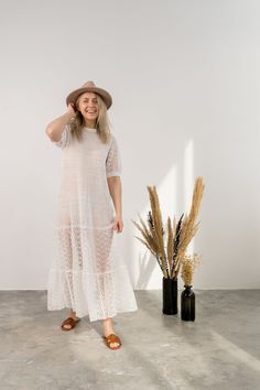 Hand knitted linen dress is made from 100% natural linen yarns. Elegant wedding dress is perfect choice if you are dreaming about eco-friendly wedding. Lighweigth maxi dress features puff sleeves, wide skirt & unique knitting laces. Timeless design & zero waster materials will keep you on top for many years. See through dress will definitely add a touch of classic fashion to your wardrobe. Material: 100% baltic soft linen There is a size guide in photo gallery. Please notice that with th Summer Short Sleeve Pointelle Knit Dresses, Summer Vacation Dresses In Pointelle Knit, Elegant Pointelle Knit Crochet Dress For Beach, Lace Crochet Maxi Length Dress, Elegant Crochet Dress With Pointelle Knit For Beach, White Crochet Lace Maxi Dress For Beach, White Lace Crochet Dress With Open Knit, Elegant Beach Crochet Dress With Pointelle Knit, Beach Dresses In Beige Pointelle Knit