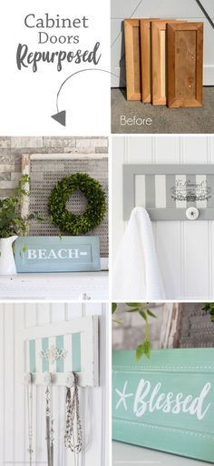 four different pictures with the words cabinet doors repurposed in white, blue and green