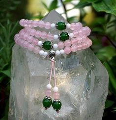 Rose Quartz and Green Aventurine Prayer Beads - Morganna’s Treasures Rose Quartz Round Beads Jewelry For Meditation, Spiritual Rose Quartz Jewelry With Round Beads, Spiritual Rose Quartz Jewelry With 8mm Beads, Pink 8mm Beads Jewelry For Meditation, Rose Quartz 108 Beads Jewelry For Meditation, Pink Spiritual Jewelry With 8mm Beads, Healing Hand-strung Rose Quartz Jewelry, Attract Luck, Calm And Peace