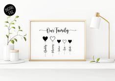 the family print is displayed on a shelf next to a potted plant