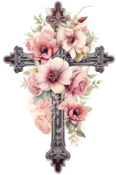 a cross with pink flowers on it