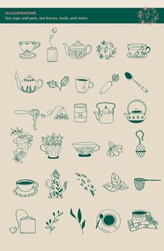 an image of the back side of a poster with flowers and teapots on it