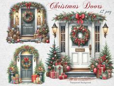 christmas door decorations with presents and wreaths on the front, side and back doors