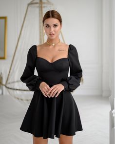 Fabric: Crepe Cotton 75%, Polyester 20%, Elastane 5% Backless Puff sleeves Bustier bodice Mini Length Sleeve length: 70cm/ 27.5in Skirt length: 46cm/ 18,1in Colors: Blue, Red, White, Black Bustier With Sleeves, Fitted Mini Dress With Bishop Sleeves For Fall, Fall Fitted Mini Dress With Bishop Sleeves, Fitted Puff Sleeve Dress For Fall With Balloon Sleeves, Solid Color Puff Sleeve Party Dress, White Puff Sleeve Dress For Party With Fitted Bodice, White Bishop Sleeve Dress For Party, Black Balloon Sleeve Dresses For Fall, Evening Puff Sleeve Dress With Fitted Bodice