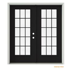 the front door is black and has two glass panels on each side, with one side panel