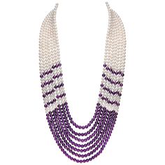 This unique seven row Freshwater pearl and amethyst necklace by Yoko London is simultaneously striking and elegant. Expertly hand crafted in our London atelier, this spectacular necklace will add a sumptuous pop of colour to any outfit. - 5-5.5mm Freshwater Pearls - Amethysts - 18 Karat White Gold Clasp Pearl And Amethyst, Dramatic Necklace, London Jewelry, Magnificent Jewels, Beads Ideas, Pearl And Diamond Necklace, Coral Bracelet, Round Necklace, Micro Mosaic