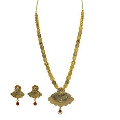 22K Yellow Gold Necklace & Earrings Set W/ Ruby, Emerald, CZ & Large Fan Pendants - Virani Jewelers Gold Hallmarked Kundan Necklace For Diwali, Formal Meenakari Jewelry Sets For Diwali, 22k Gold Dual-tone Jewelry For Celebrations, Gold Dual-tone Kundan Necklace For Celebration, Festive Gold Dual-tone Temple Necklace, Dual-tone 22k Gold Jewelry For Celebrations, Festive Dual-tone Gold Temple Necklace, Kundan Yellow Gold Jewelry For Diwali, Yellow Gold Meenakari Jewelry Sets For Diwali