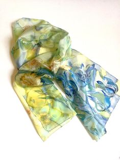 Yellow Silk Scarf For Spring Gift, Yellow Silk Scarves For Spring, Yellow Artistic Silk Scarf For Spring, Artistic Yellow Silk Scarf For Spring, Artistic Hand Painted Silk Scarf For Spring, Handmade Silk Scarf For Spring, Leaves Composition, Blue Silk Scarf, Yellow Blossom