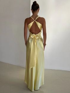 Satin V-neck Back Strappy Bow Maxi Dress Pattern Type: Solid Neckline: V-Neck Decoration: Backless Dresses Length: Ankle-Length Gender: Women Timeless Gown, Floor Material, Bow Season, Dirndl Outfit, Satin Evening Gown, Bodycon Evening Dress, Backless Evening Dress, Ruched Maxi Dress, Bandeau Tops