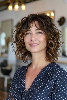 Medium-length wavy curly hair with curtain bangs