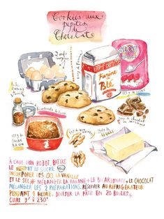 a watercolor and ink drawing of cookies, butter, milk, and other ingredients