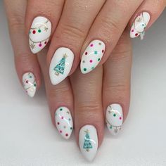 Christmas Village Nails, Cutesy Christmas Nails, Christmas Cookie Nail Art, Christmas Ornaments Nails, Snowman Nails Christmas, Christmas Nail Ideas Almond, Peppermint Nail Art, Pink Christmas Nail Ideas, Christmas Tree Nails Designs