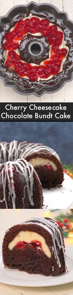 a chocolate bundt cake with white icing and strawberry toppings on top is cut in half