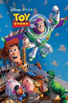 toy story movie poster with buzz and woody in the air on top of an airplane