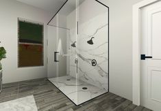 a bathroom with a glass shower door and wooden flooring next to a potted plant