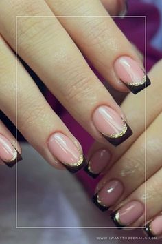 gold french tip nails designs Brown French Tip Nails With Gold Line, Black Accented Nails, Black N Gold Nails Design, Black French Tip Nails With Accent Nail, Gold Black French Nails, French Manicure With Gold Tips, Wedding Guest Nails For Black Dress, Black And Gold French Tip Nails Short, Black Dress And Nails