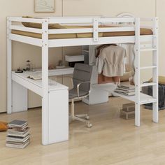 a white loft bed with desk and chair underneath it in a room that has hard wood floors