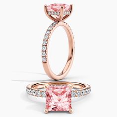 a pink princess cut diamond engagement ring with diamonds on the band and side stones in rose gold