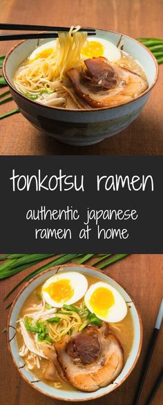 two bowls filled with ramen and eggs on top of a wooden table