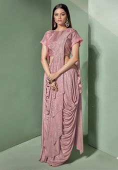 Buy Pink Lycra Frilled Party Wear Saree 170147 with blouse online at lowest price from vast collection of sarees at Indianclothstore.com. Lehenga Sari, Latest Designer Sarees, Ready To Wear Saree, Wedding Saree Indian