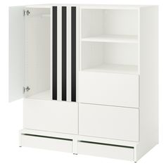 a white cabinet with black and white stripes painted on it's doors, drawers and shelves