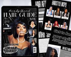 the front and back cover of hair guide magazine, featuring photos of women with long black hair