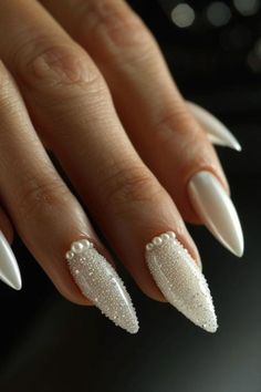 White Bride Nails Wedding, Nail Designs For Indian Wedding, White Dress Nails, Pearl Accent Nails, Bridal Nails With Pearls, Nail For Bride, Pearl Gem Nails, Wedding Nails Stiletto, Bride Nail Designs