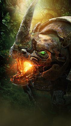 an image of a creature in the forest with fire coming out of its mouth and eyes