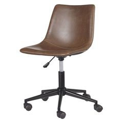 a brown leather office chair with wheels